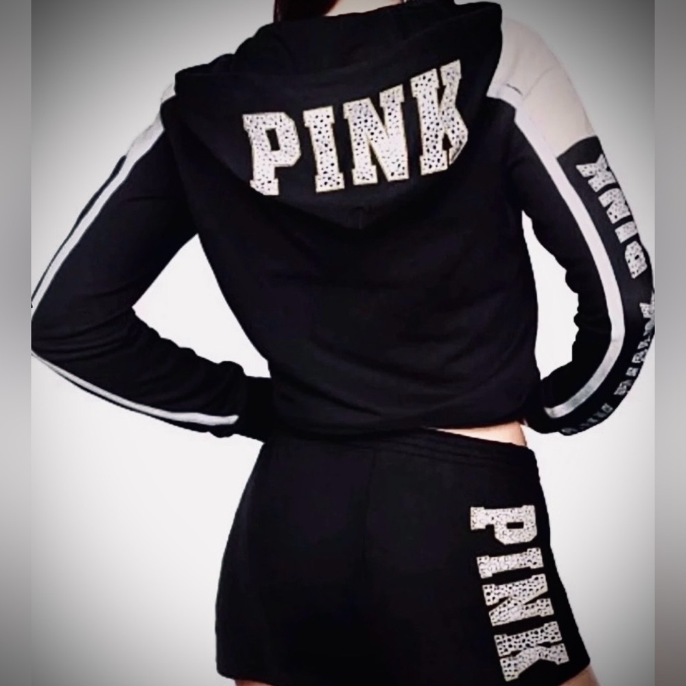 PINK Victoria's Secret HTF RARE BLING Hoodie & Shorts with Rhinestone Logo